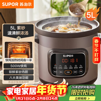 苏泊尔（SUPOR）快炖电炖锅 电砂锅 电炖盅 炖汤盅煲汤锅 紫砂锅 燕窝炖盅  煮粥神器 熬粥锅 DG50YC872多功能锅