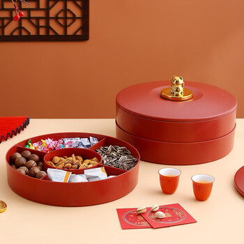 巧居巧具（qiao ju qiao ju） 喜庆果盘婚庆喜糖收纳盘简约干果盘中式糖果水果盘客厅零食盘 喜庆果盘【双层丨招财猫】