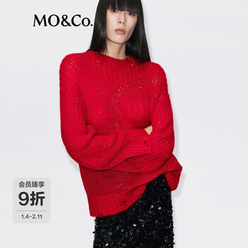 MO&Co.毛衣2025冬新品含马海毛珠片轻暖镂空笑脸织纹漏针宽松MBE4SWT005 大红色 XS /155
