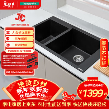 汉斯格雅（Hansgrohe）厨房水槽S510-F760台上安装石槽双槽含下水