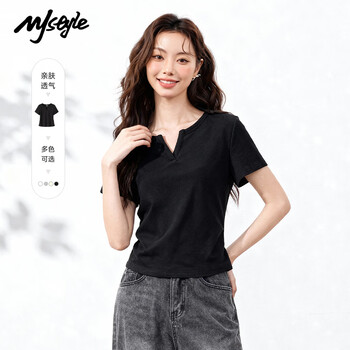 MJ STYLEV领紧身短袖t恤女2026年夏季新款腰部收褶修身显瘦百搭打底上衣