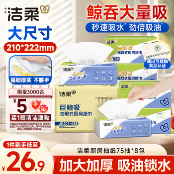 洁柔厨房抽纸75抽*8包加厚大规格新年清洁吸水吸油污一次性懒人抹布