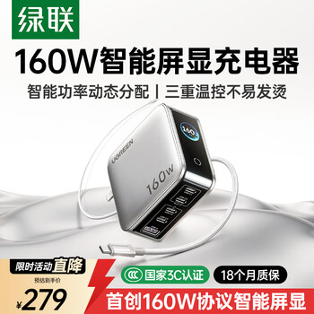 绿联速显充160W氮化镓屏显充电器套装适用PPS/PD100/140W苹果三星小米手机笔记本电脑多口Type-C快充头