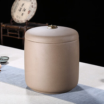 紫来顺 宜兴原矿紫砂茶叶罐 大号 七子饼 密封储存普洱茶罐茶缸竹节桶 素面铜扣-青灰泥