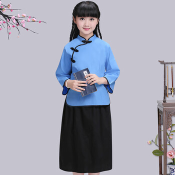 民国装舞台服旗袍 小女孩五四学生服装 女童唐装民族风表演出服 蓝色