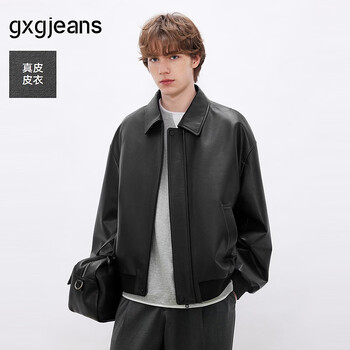 gxgjeans男装 简约设计宽松翻领真皮皮衣夹克外套男士 26春新品 黑色 3XL (190)