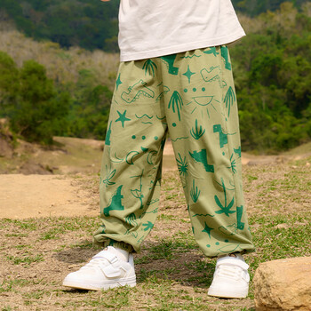 棉花堂【100%棉+抗菌】儿童裤子夏装男童长裤女童童装宝宝防蚊裤zh 绿底恐龙 90