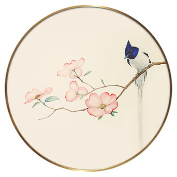新中式圆形挂画金属框简约禅意三联装饰画实木框花鸟国画工笔壁画 h款