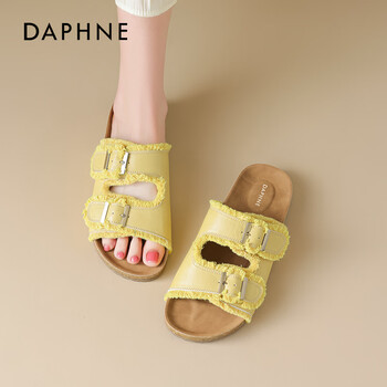 达芙妮厚底拖鞋女2026新款夏季休闲复古时尚百搭外出一字沙滩拖鞋 黄色 37