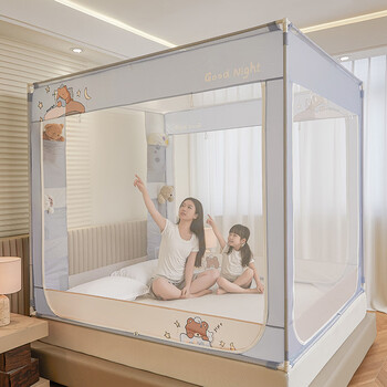 Krupp CorpA类三开门防滚落床笠式拉链蚊帐 12口袋烤漆外穿杆不锈钢支架 睡觉熊熊ZB 200cm*150cm*170cm 12口袋床笠款--组装支架