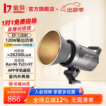 金贝（JINBEI）补光灯EF-120BI可调色温室内外移动拍照摄影灯视频美颜直播补光灯交直流两用外拍便携常亮灯 【可调色温】EF-120BI 单灯头标配