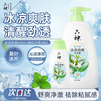 六神沐浴露【冰片+桑叶】冰凉劲爽薄荷凉感清爽留香洗澡男女家庭装 冰凉劲爽650g+180g