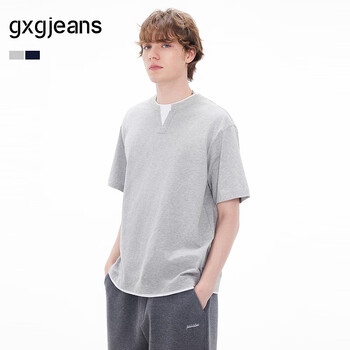 gxgjeans男装  假两件拼接简约休闲短袖T恤男生上衣 26夏新品 灰色 XL (180)