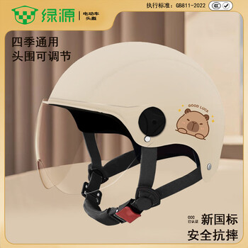 绿源（Luyuan）新国标儿童亲子可爱卡皮巴拉电瓶车头盔3C认证男女孩四季通用卡通动物头盔 米色【小童3-8岁】透明短镜