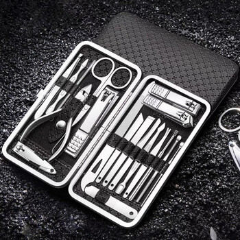 米良品家用创意不锈钢指甲刀套装指甲剪美甲修甲修脚防飞溅指甲刀工具 黑金刚19件套