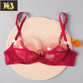法国kj透明胸罩全透文胸套装性感内衣女蕾丝薄款大胸显小 酒红色单