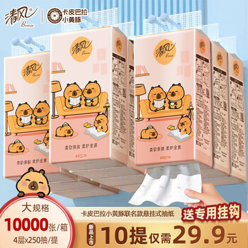 清风抽纸悬挂式 卡皮巴拉挂抽4层250抽*10提 面巾纸擦手整箱卫生纸