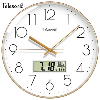 天王星（Telesonic）挂钟 客厅静音万年历钟表3D立体创意双日历温度时钟简约石英钟薄边挂表 奢时金35CM日历款