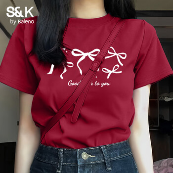 班尼路（Baleno）S&K100%纯棉短袖T恤女2026年夏季女装新款休闲简约时尚百搭上衣 车厘子红#BL四只蝴蝶结 M
