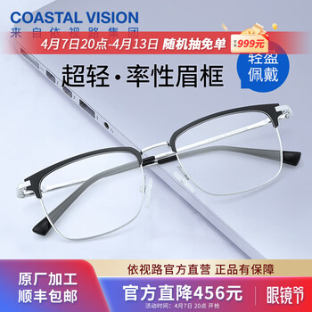 依视路（ESSILOR） 钻晶系列高清耐磨防蓝光近视超薄镜片专业配度数眼镜架男女镜框 金属-全框-2056SV-银色 镜框+依视路A4防蓝光1.60现片