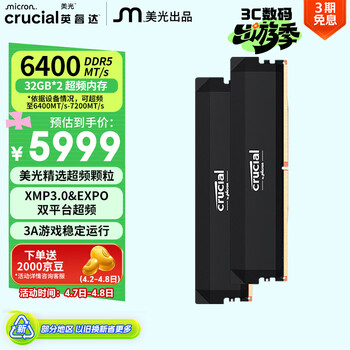 英睿达（crucial）64GB（32GB×2）DDR5 6400 台式机内存条 Pro系列 美光（原镁光）原厂颗粒 CL40超频 AI电脑配件