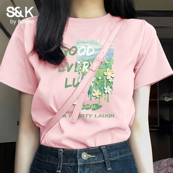 班尼路（Baleno）S&K100%纯棉短袖T恤女2026年夏季女装新款潮流时尚清新百搭上衣 粉#绿色花草 2XL