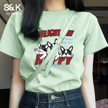 班尼路（Baleno）S&K100%纯棉短袖T恤女2026年夏季女装新款时尚休闲简约复古上衣 水绿#红字小狗 L