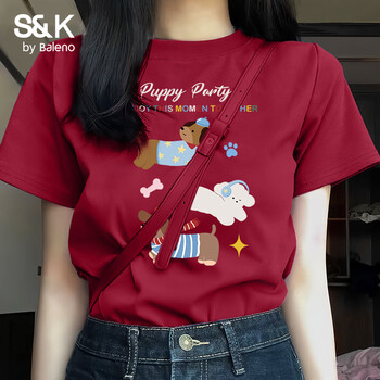 班尼路（Baleno）S&K100%纯棉短袖T恤女2026年夏季女装新款潮流时尚甜美可爱上衣 车厘子红#BL狗狗派对 XL