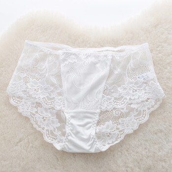 内衣专卖-新品真丝内裤女桑蚕丝性感蕾丝超薄网纱中腰包臀三角裤 白色