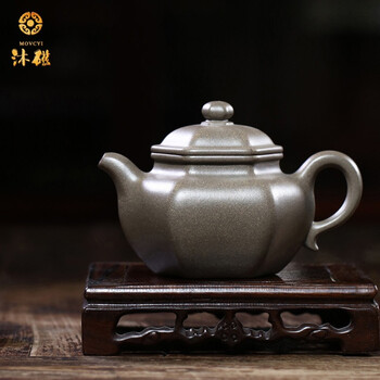 沐磁 宜兴紫砂壶名家高工蒋旭初纯全手工六方莲子壶原矿蟹壳青焖茶壶