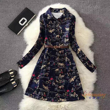 【女装新款】新款秋冬装长袖碎花甜美连衣裙中长款气质收腰打底裙子女 蓝底彩碎花 L 90斤-105斤