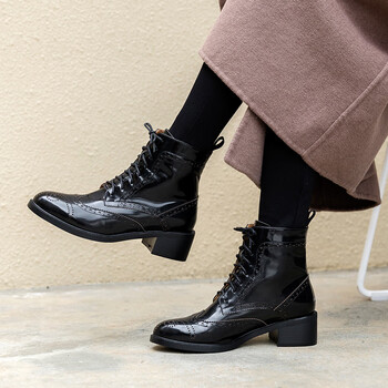 熙媚尔短靴女马丁靴圆头中跟粗跟牛皮切尔西鞋2018新款单靴冬季加绒女