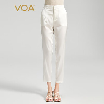 VOA缎面光泽丝绸中腰长裆小脚百搭九分光版弹力桑蚕丝休闲裤 K2535 缎面流纹白(W02)  175/XXL