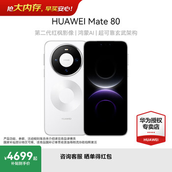 华为Mate 80  国家补贴15% 新品旗舰智能手机 第二代红枫影像鸿蒙AI【华为官方授权 正品保证】 雪域白 12GB+256GB 官方标配