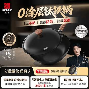 三禾钛铁不粘炒锅无涂层炒菜锅铁锅轻量燃气灶炒锅 【蒸屉组合】0涂层不粘钛铁锅平底 30cm