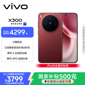 vivo X300 12GB+256GB 好运红 蔡司2亿超级主摄 蔡司APO超级长焦 5年持久流畅OriginOS 6 拍照 AI手机