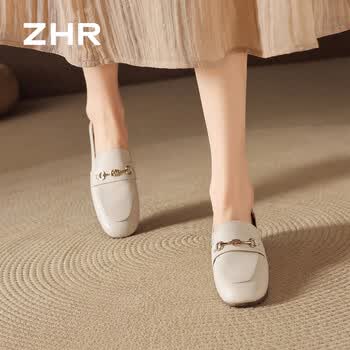 ZHR则则羊皮垫单鞋女通勤风两穿小皮鞋女软平底一脚蹬乐福鞋女 米色 37