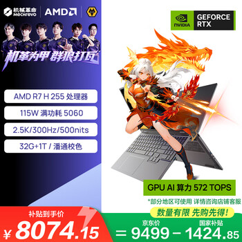 机械革命【国家补贴】翼龙15 Pro 2026 轻薄游戏笔记本电脑(R7 H 255  32G 1T RTX5060 2.5K 300Hz 99Wh灰)
