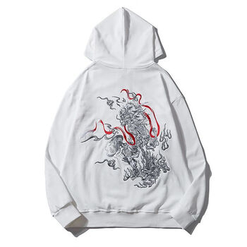 纯白羽居秋冬季卫衣男中国风带帽 中国风仙鹤刺绣卫衣男潮连帽鹤图案