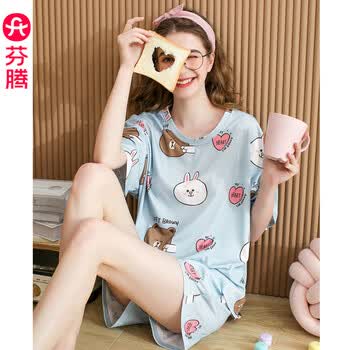 芬腾睡衣女士纯棉夏季薄款短袖短裤休闲夏天清新卡通家居服套装 I98324352灰兰 L 建议110-125斤