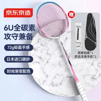 京东京造 超轻6U全碳羽毛球拍单拍 训练速度型 粉蓝R300S