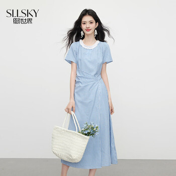 熙世界（sllsky）蓝色格纹掐腰连衣裙女夏短袖花边圆领独特漂亮收腰气质长裙