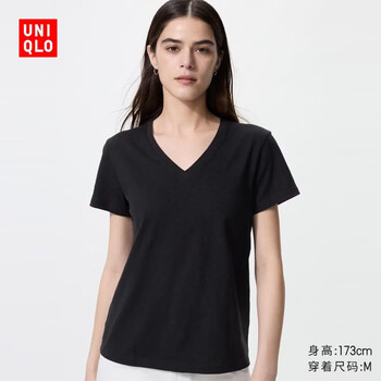 优衣库女装竹节纱V领T恤/短袖/纯棉打底休闲百搭26春夏新款483460 483460/09黑色 L