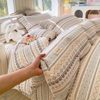 J.H.Longess四件套春夏老粗布印花被套床单四件套粗布被罩床品套件 雅格时光-KL 1.8床 床单款 (被套200*230cm) 四件套