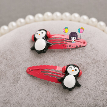 头饰女童发卡韩国可爱夹子宝宝bb夹小女孩边夹发饰萌萌哒 红耳机企鹅