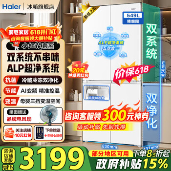 海尔（Haier）【新品小红花2.0】冰箱549升十字对开四开门超净双系统防串味家用一级能效风冷无霜带制冰国补15% 549升+智控双系统+超净五效合一+冷藏冷冻双除菌