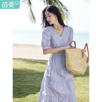 茵曼（INMAN）纯棉法式气质连衣裙女装2026夏季新品显瘦V领泡泡袖A字长裙子 紫荆粉 -18525989H1 L