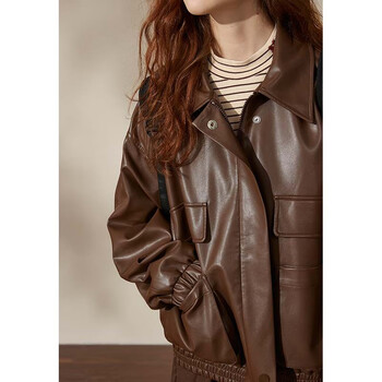 库恩玛维甜酷皮衣女2022年新款早秋咖色机车外套皮夹克上衣K63375 咖色 S
