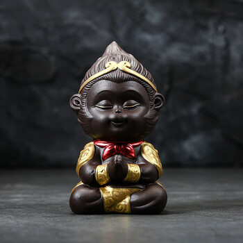 悟空猴子茶玩创意摆件精品可养功夫茶道车载陶瓷 升级版静思大圣【紫