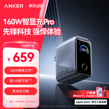 ANKER安克Prime智显充pro160W充电器type-c氮化镓快充140W适用苹果17iPhone三星华为手机笔记本电脑插头